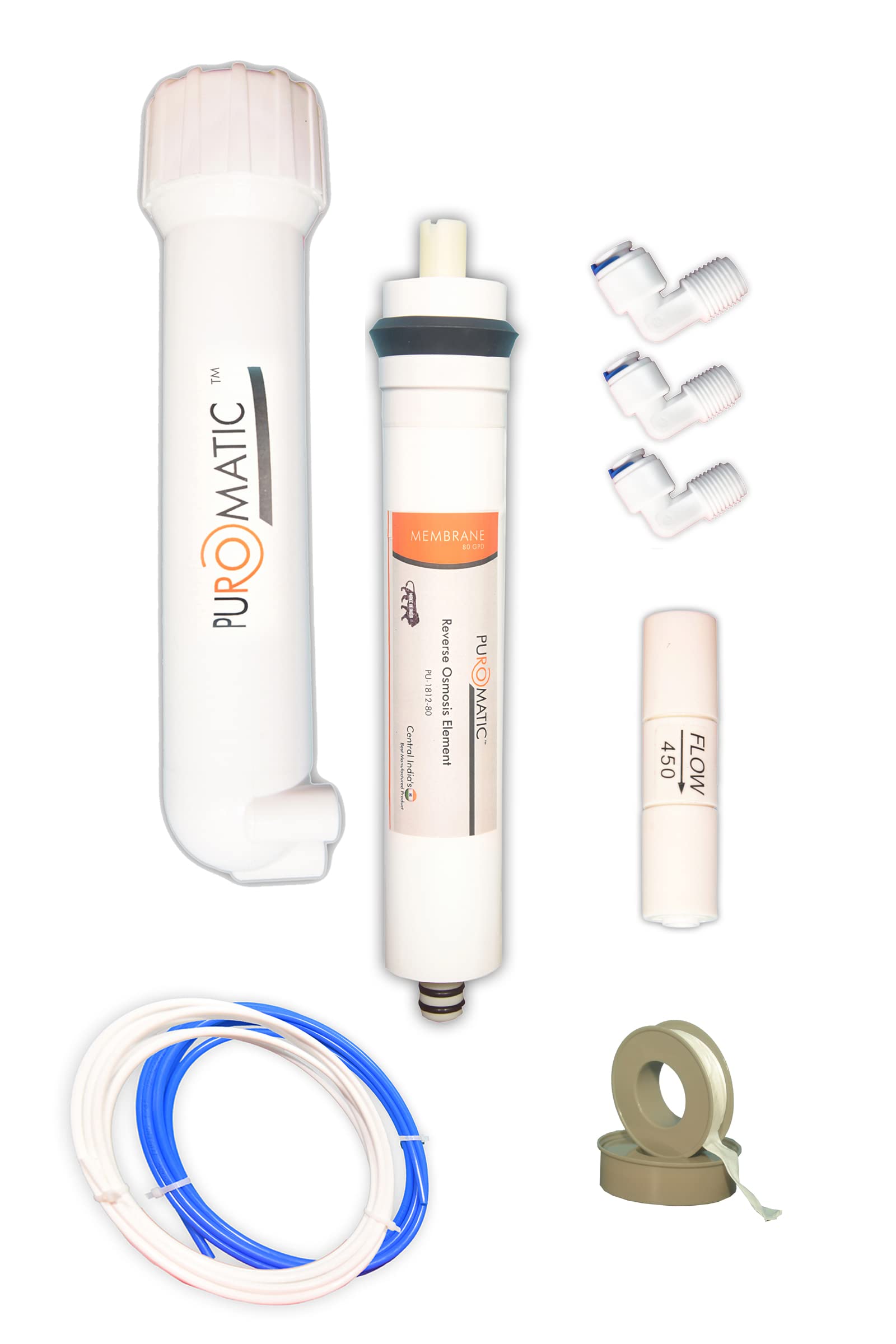 PUROMATIC RO Membrane with Membrane Housing/Membrane Housing Double O Ring/Fr-450/ Teflon/Tubing and Free Fittings Compatible with All Water Purifiers