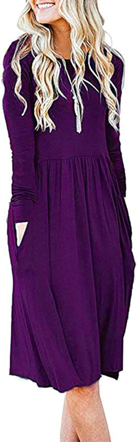 AUSELILY Women Long Sleeve Dresses Round Neck Casual Spring Swing Dress with Pockets