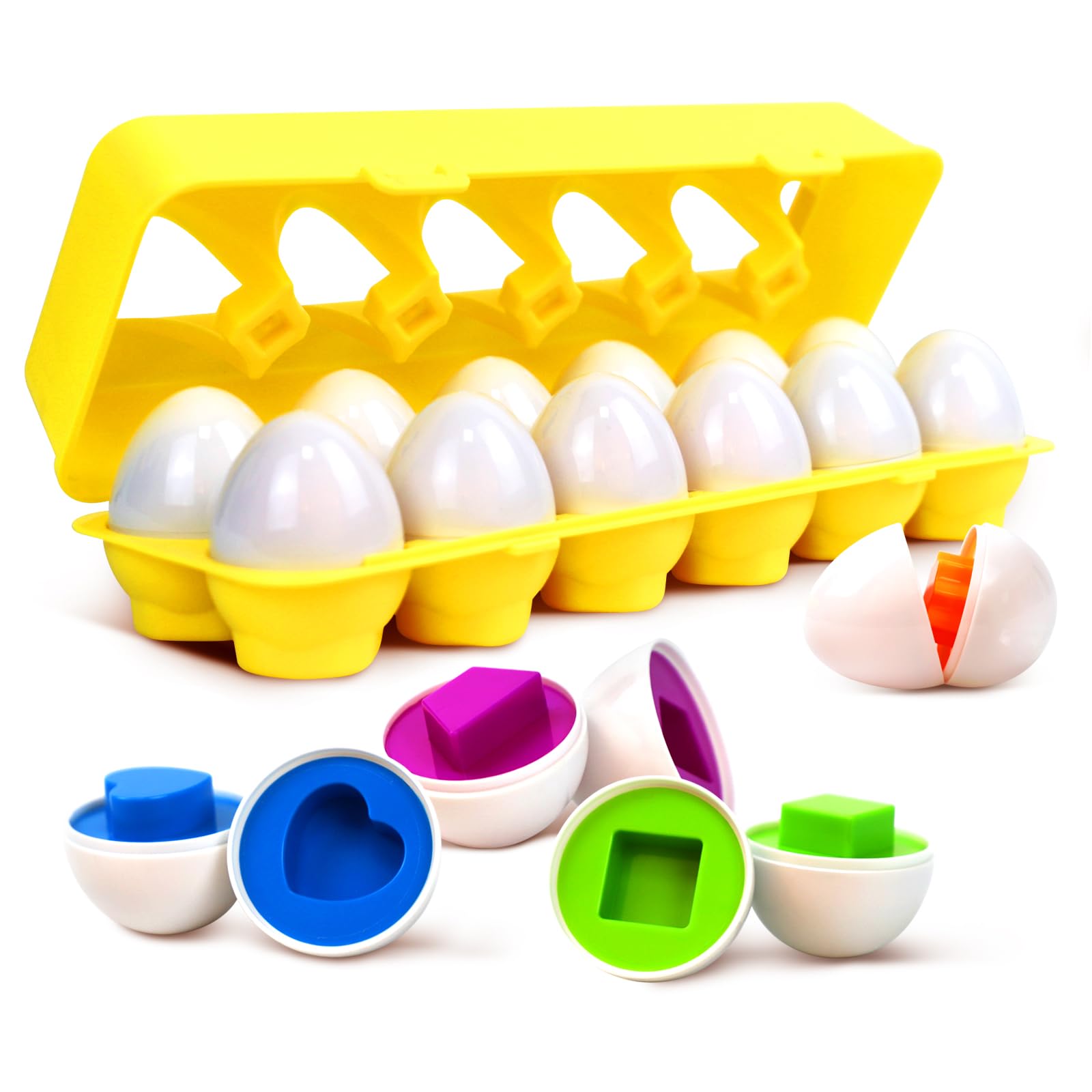 Tinabless Matching Eggs Toys 12 pcs Set Color & Shape Recoginition Sorter Puzzle for Toddlers, Christmas Easter Travel Game Early Learning Educational Gift for Year Old Kids