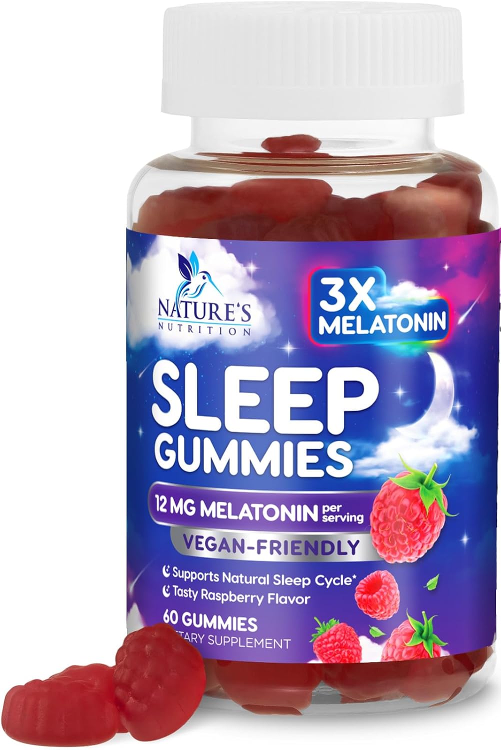Melatonin Sleep Gummies – Extra Strength Sleep Gummy, 12 mg Melatonin, Natural Melatonin Gummy Sleeping Support Dietary Supplement for Adults, Vegan, Non-GMO, Natural Berry Flavor – 60 Sleep Gummies