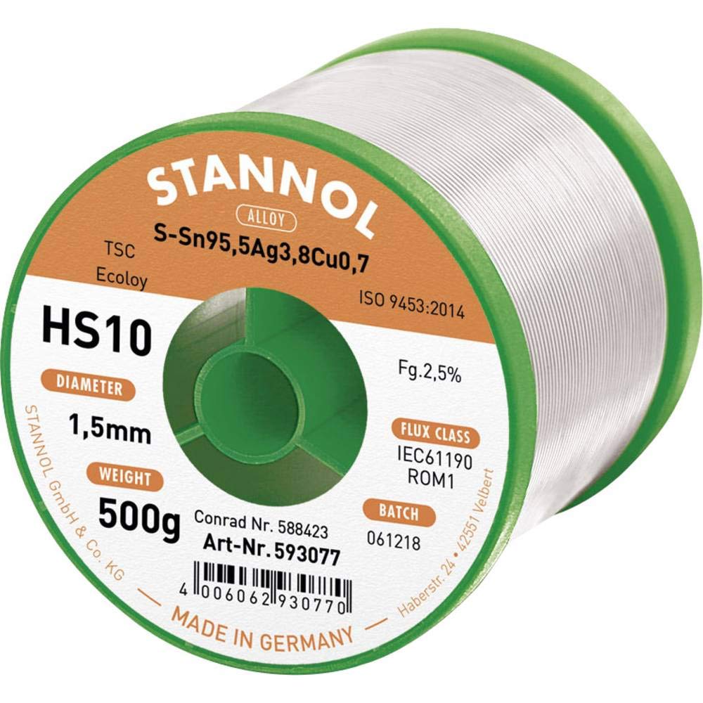 Stannol 593232 HS10 2510 Loetzin, bobina sin plomo Sn95,5Ag3,8Cu0,7, 500 g, 1,5 mm
