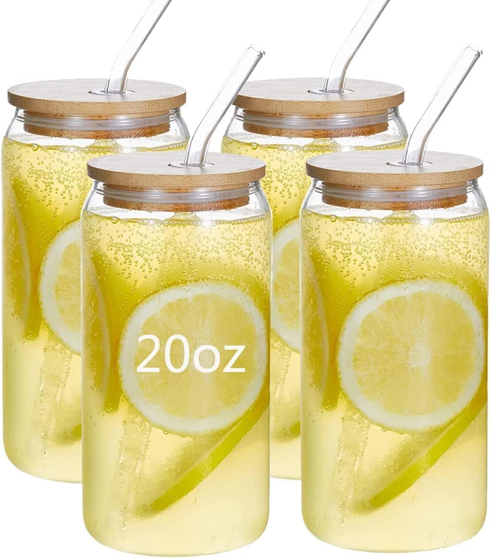 AISEY Glasses Drinking Set 20 oz, Glass Tumbler with Straw and Lid