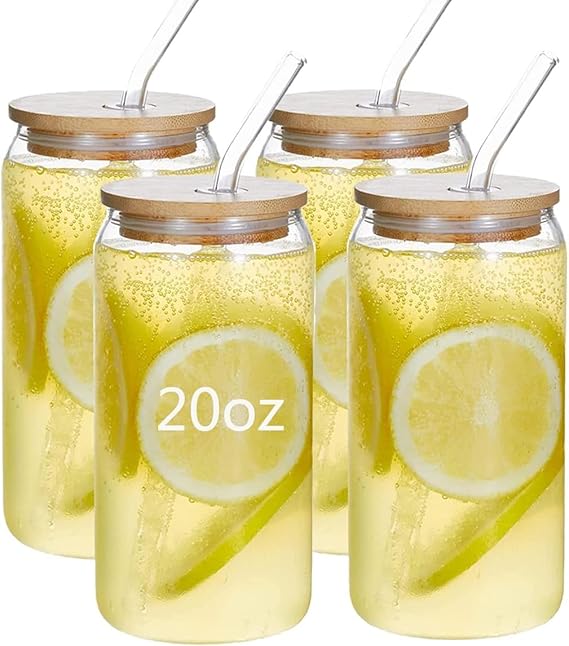 AISEY Glasses Drinking Set 20 oz, Glass Tumbler with Straw and Lid