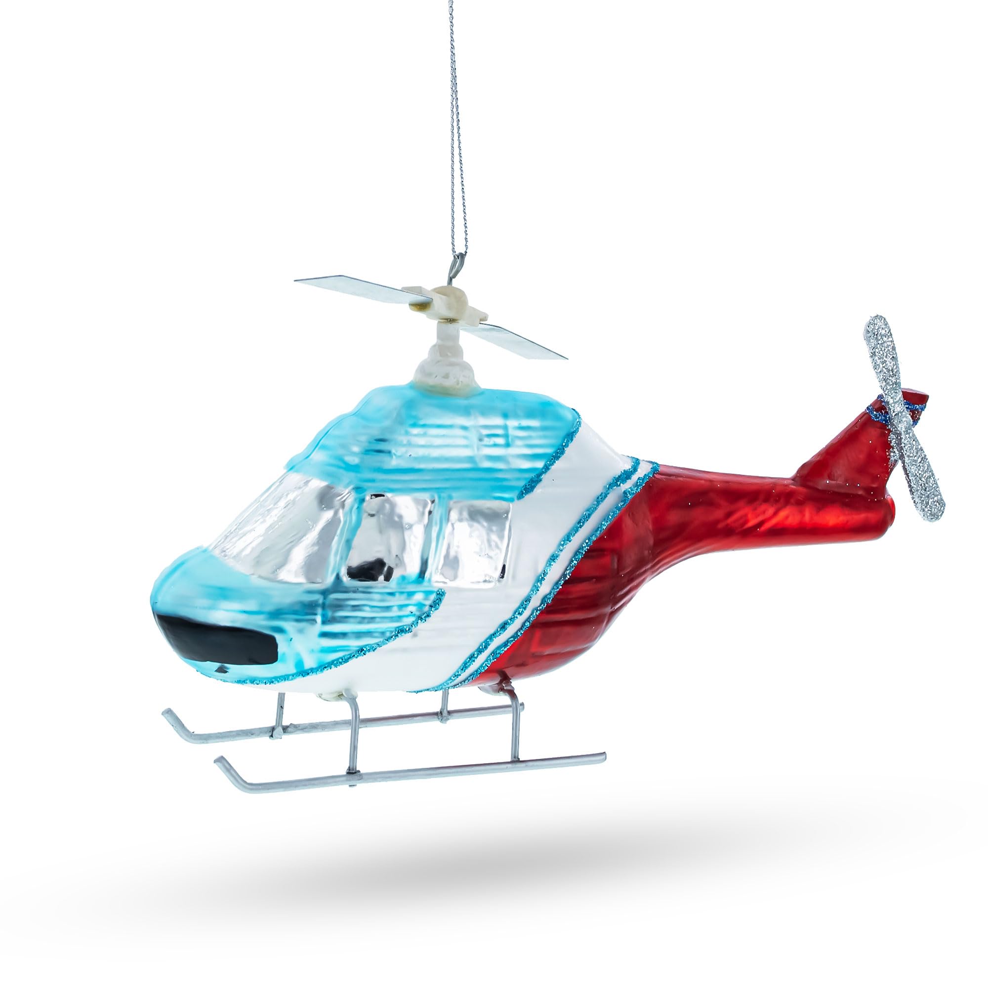 Blue and Red Helicopter - Blown Glass Christmas Ornament