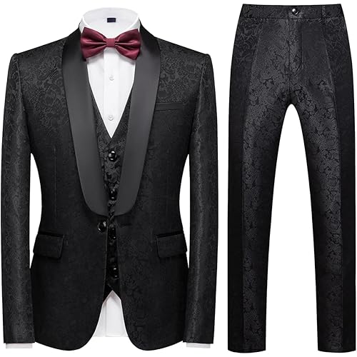 KUDORO Mens Suits Slim Fit 3 Piece Tuxedo Suit Set for Prom Wedding Party Paisley Jacket Vest Pants Homecoming Outfit