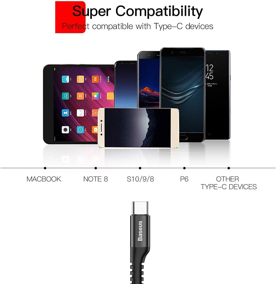 Baseus USB Type C cable showing compatibility with various devices like MacBooks, Note 8, S10/9/8, P6, and other Type-C devices.