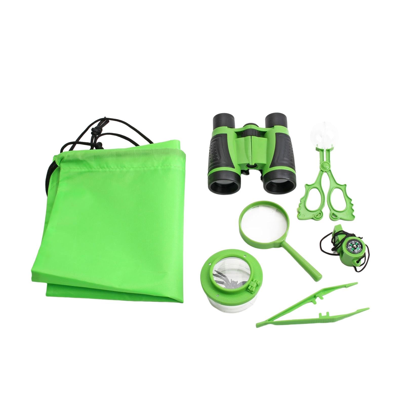 7 Pezzi Kit Avventura Binocolo Giocattolo Lente Ingrandimento Esplorazione Natura Bambini Resistente Adatto per Esplorazione Esterna Sviluppo Creativi, Verde