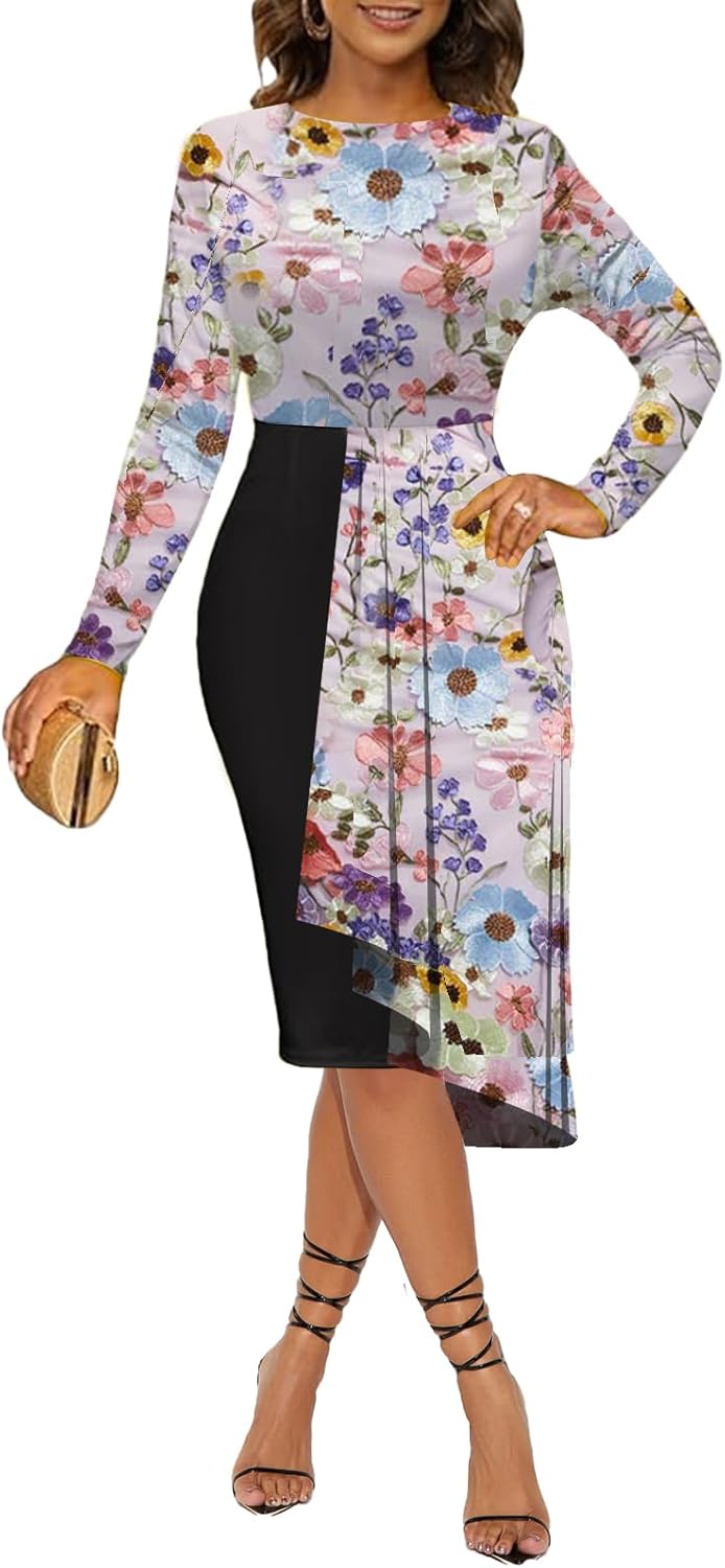 Women's Cocktail Party Dress Long Sleeve Floral Vintage Fit Flare Asymmetrical Flowy Midi Dresses