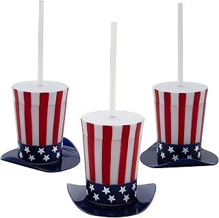 4 1/4" 14 oz. Patriotic Top Hat-Shaped Straw Cups with Lids - 12 Pieces