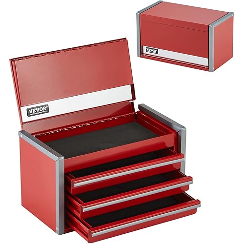 VEVOR Metal Tool Box, 8.6-inch, Portable Metal Tool Box with 3 Drawers, Small Tool Chest with EVA Liners and PP Feet Pads, Heavy-Duty Steel With Ball Bearing Opening and Powder Coated Finish, Red