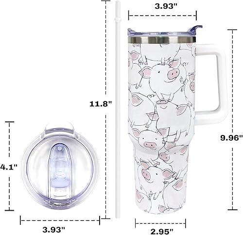 Miniatura 2 de muanns Vaso de cerdo con tapa y pajita, de acero inoxidable, con aislamiento de acero inoxidable de 40 onzas, con asa