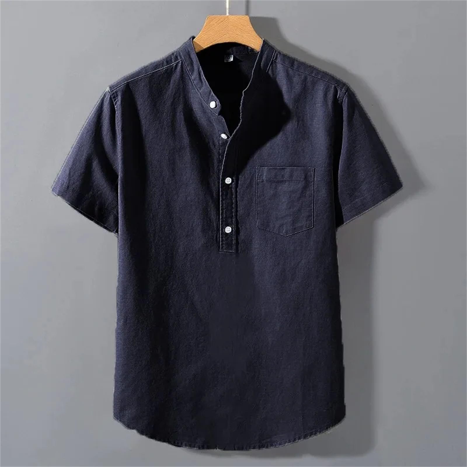 Camisa de algodón de manga corta con cuello alto para hombre, color liso, transpirable, holgada, básica, con bolsillos, estilo casual