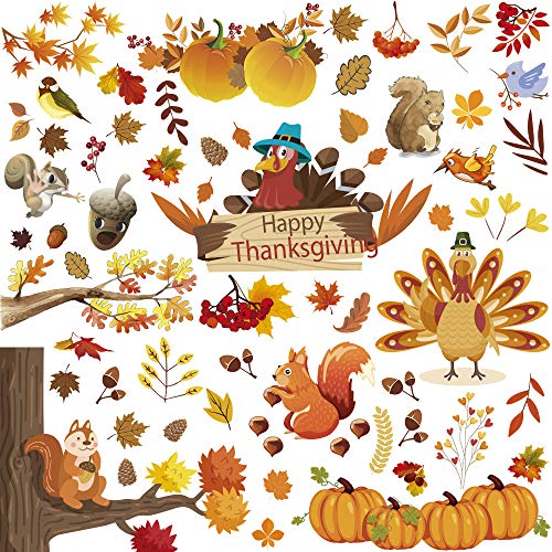 DUOFIRE Window Clings Fall Window Clings for Glass Windows Fall Window Stickers Autumn Window Clings Fall Leaves Window Decals for Autumn Thanksgiving Decorations 4 Sheets (Turkey Garden)
