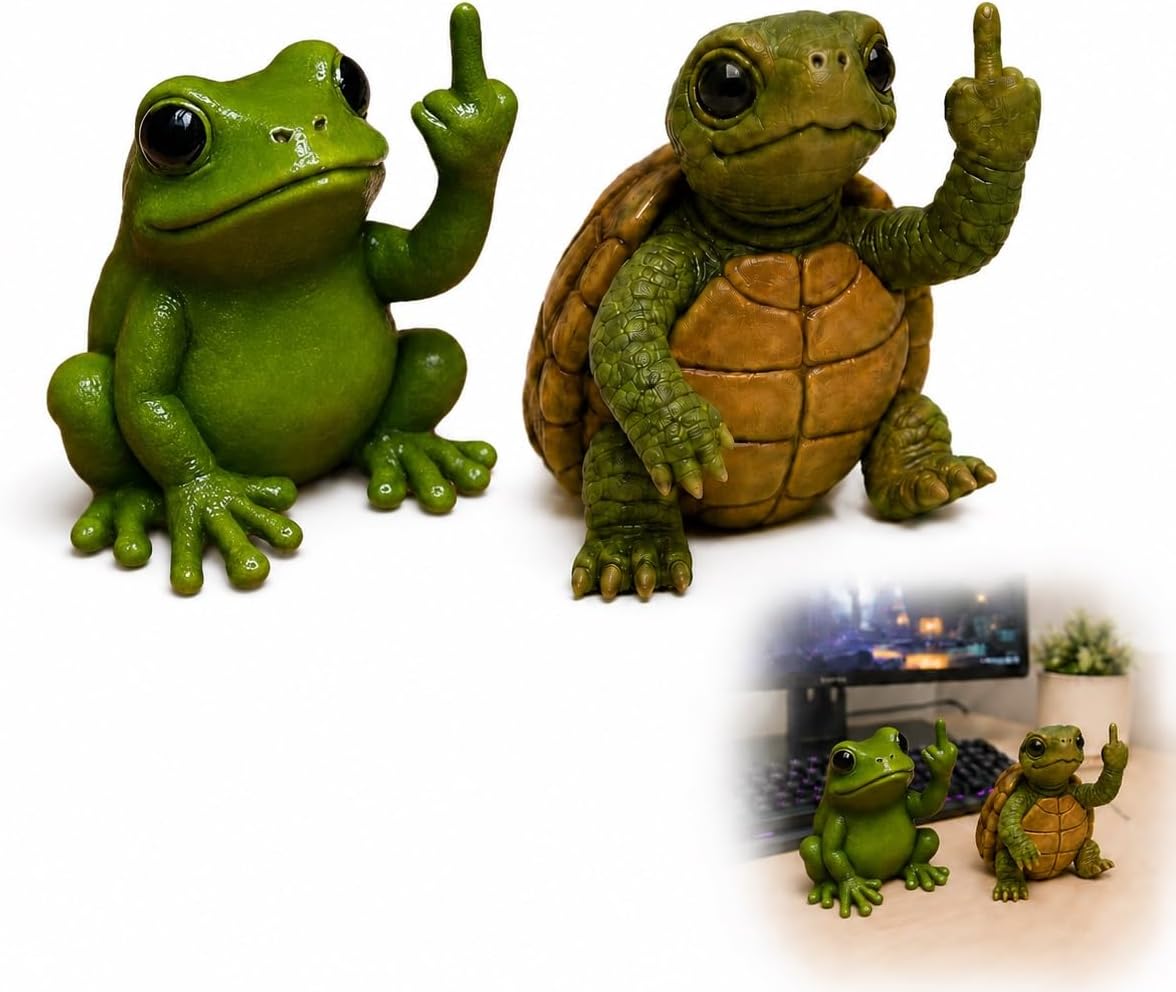 2PCS Mini Middle Finger Animal Figurine, Miniature Middle Finger Desktop Ornaments, Fun Statue for Working Group, Office Desk Decor, Coworker Gag Gift, Novelty Resin Prank Toy(Turtle+Frog)