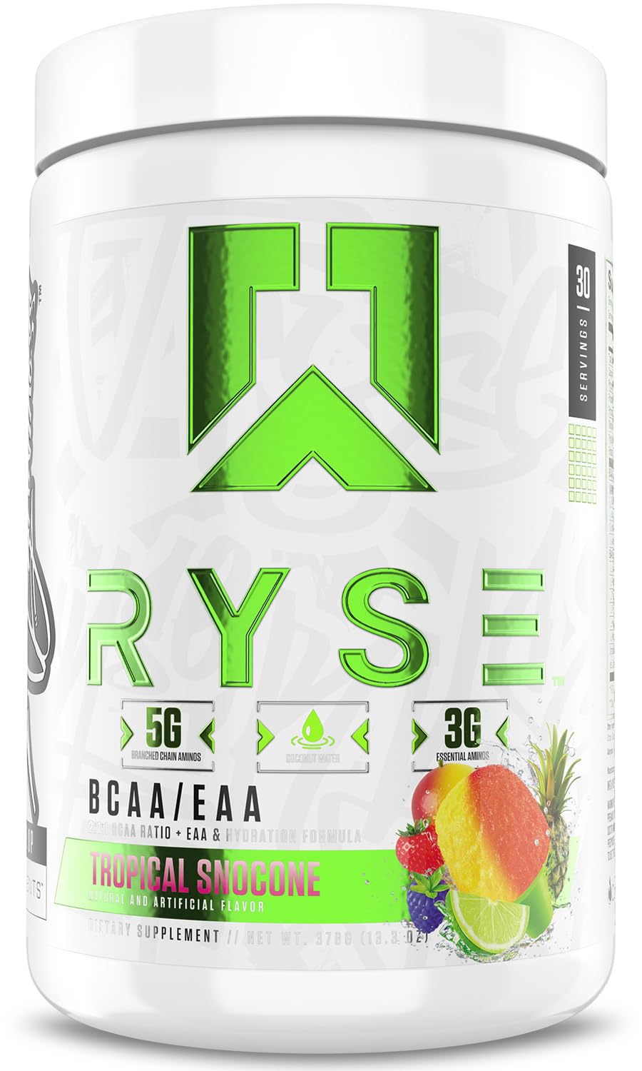RYSE Up Supplements Suplemento de BCAAs e EAAs em pó, 5 g de BCAAs + 3 g de EAAs, Tropical SnoCone, 30 porções