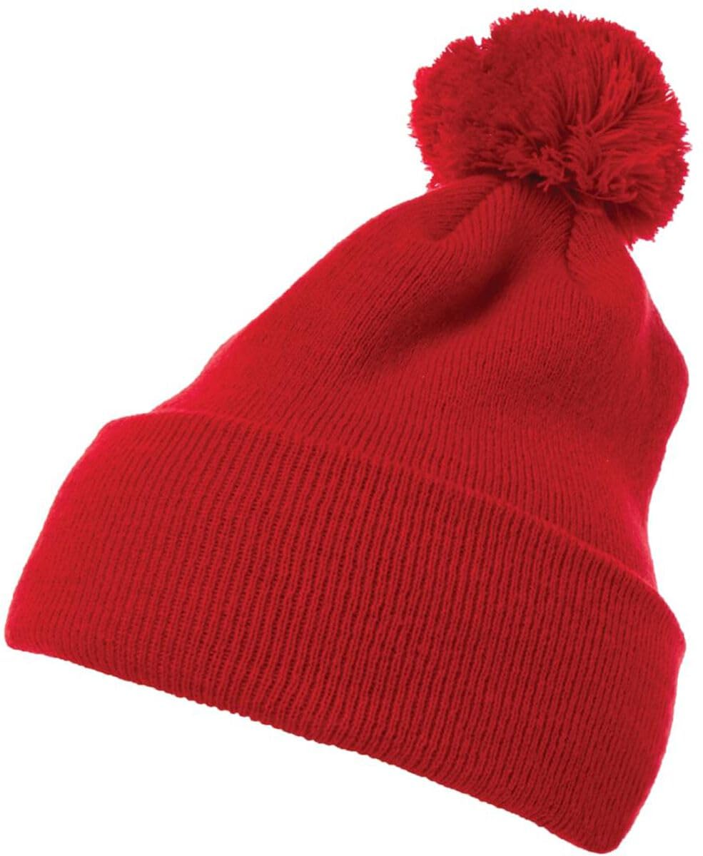 Flexfit Unisex Cuffed Pom Pom Knit Beanie Beanie Hat, Red,