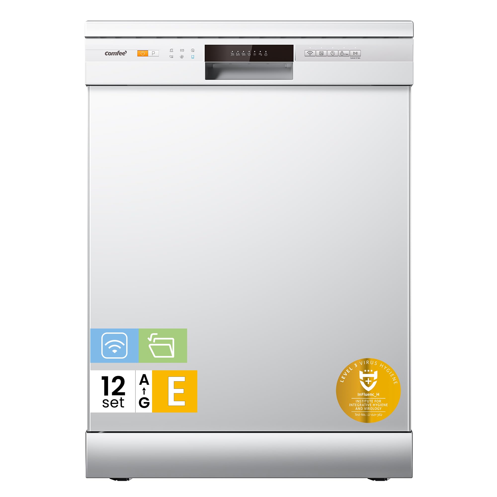 COMFEE CDWPF1201PW-WE-EU Dishwasher Free Installation, 60 cm, with 12 Cutlery, 8 Programs, 70 °C Hygienic Wash, Quick Wash, Button Control, WiFi and IOT Function, Cloud Wash, White