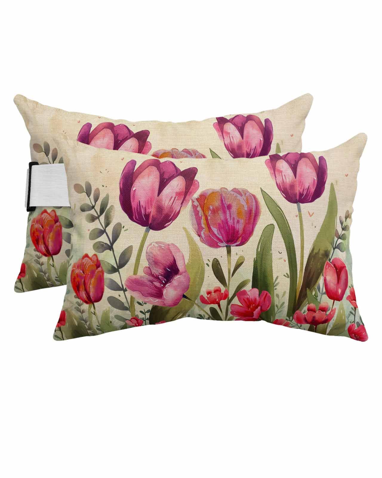 Outdoor Pillows Covers with Inserts Red and Pink Tulip Watercolor Floral Retro Linen Waterproof Pillow with Adjustable Strap Throw Pillows for Patio Furniture Pool Lounge Chair, 12x20 Inch, 2PCS