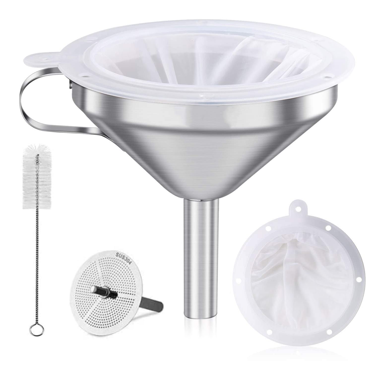 Kitchen Funnels 13cm Stainless Steel Funnel Set with Handle Filter Removable Strainer and Brush 200 Mesh Strainer for Jam Oils Juice Coffee Cooking Transferring Liquid