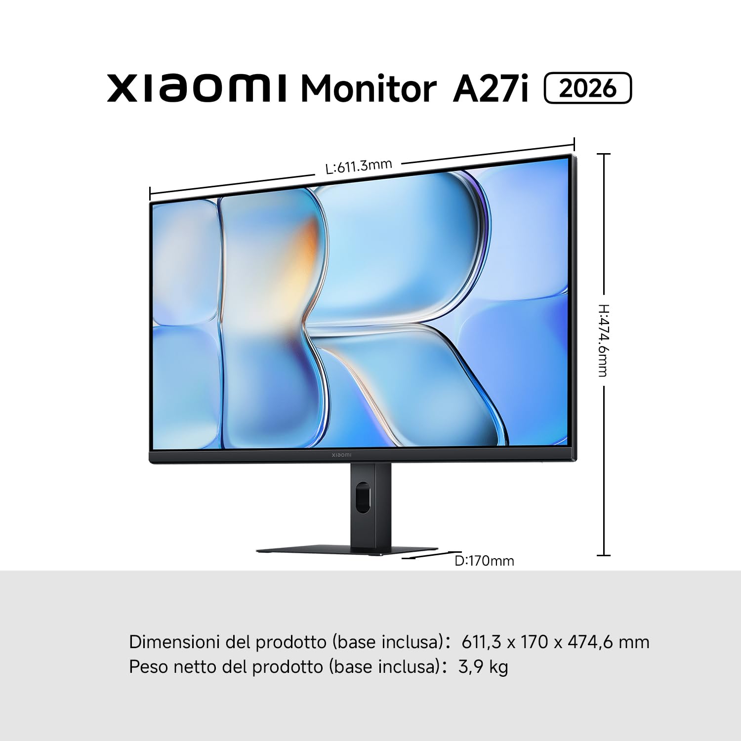 XIAOMI A27i 2026 Monitor FHD da 27 Pollici, 144Hz FreeSync, HDR10, IPS, 99% sRGB, Certificazione TÜV Low Blue Light (1920 x 1080/HDMI 2.0/DP 1.4)