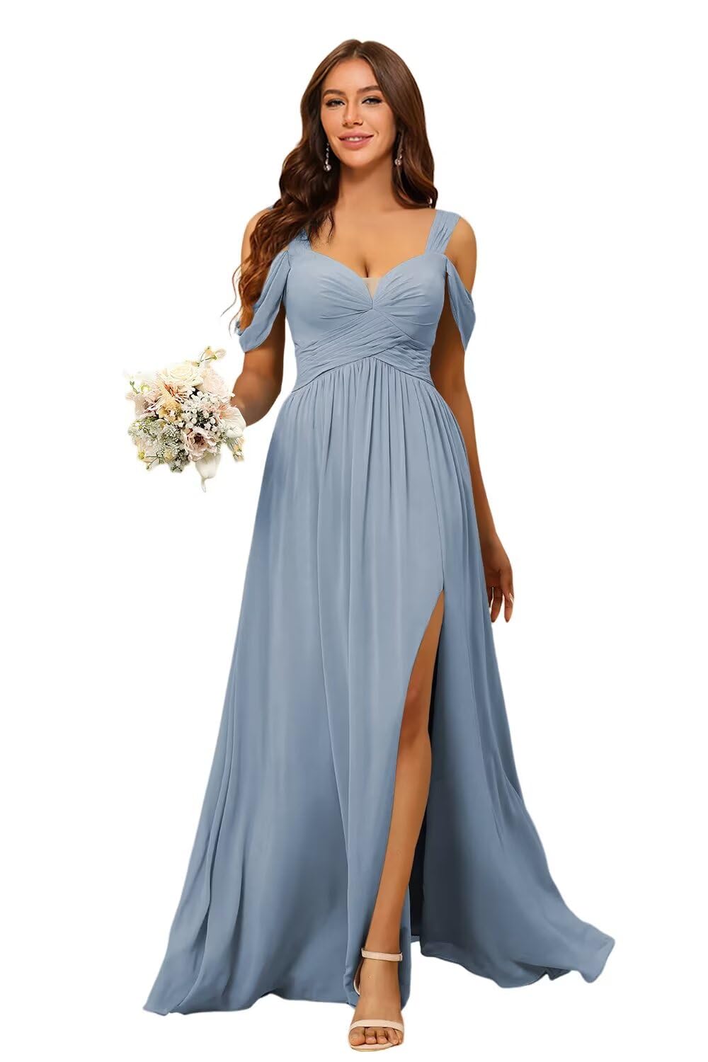 PUXIU Women's Cold Shoulder Bridesmaid Dresses 2025 with Silt Chiffon Pleated Formal Evening Dress PUS061