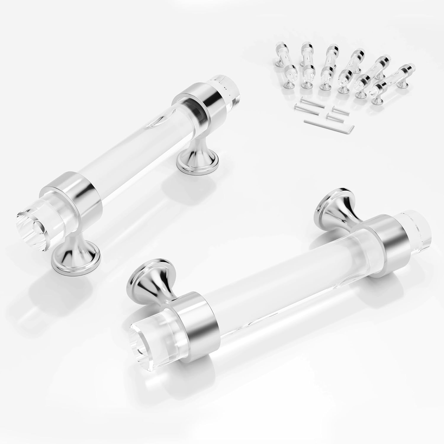 6 Pack 3 Inch Clear Glass Cabinet Pulls and Knobs, Crystal Cabinets Drawers Cupboard Dresser Wardrobes Vanity Furniture Handles 76mm, Polished Chrome with L-Wrench