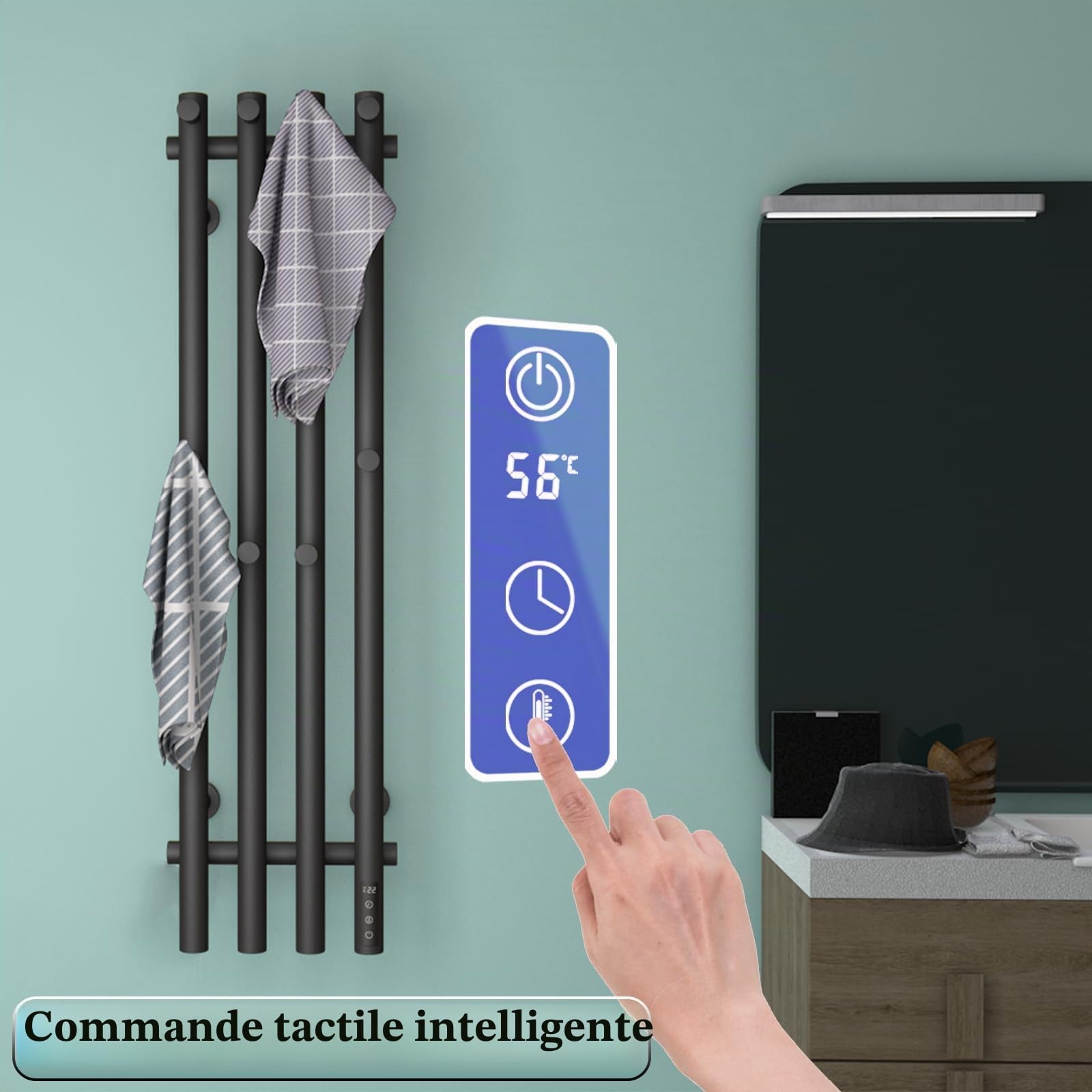 ESOP Sèche-Serviette Électrique Noir 100 W Chauffe-Serviettes 950 x 257 mm | WiFi Intelligent Porte-Serviettes Chauffant Électrique Commande Tactile à LED Radiateur de Salle de Bain avec 8 Crochets