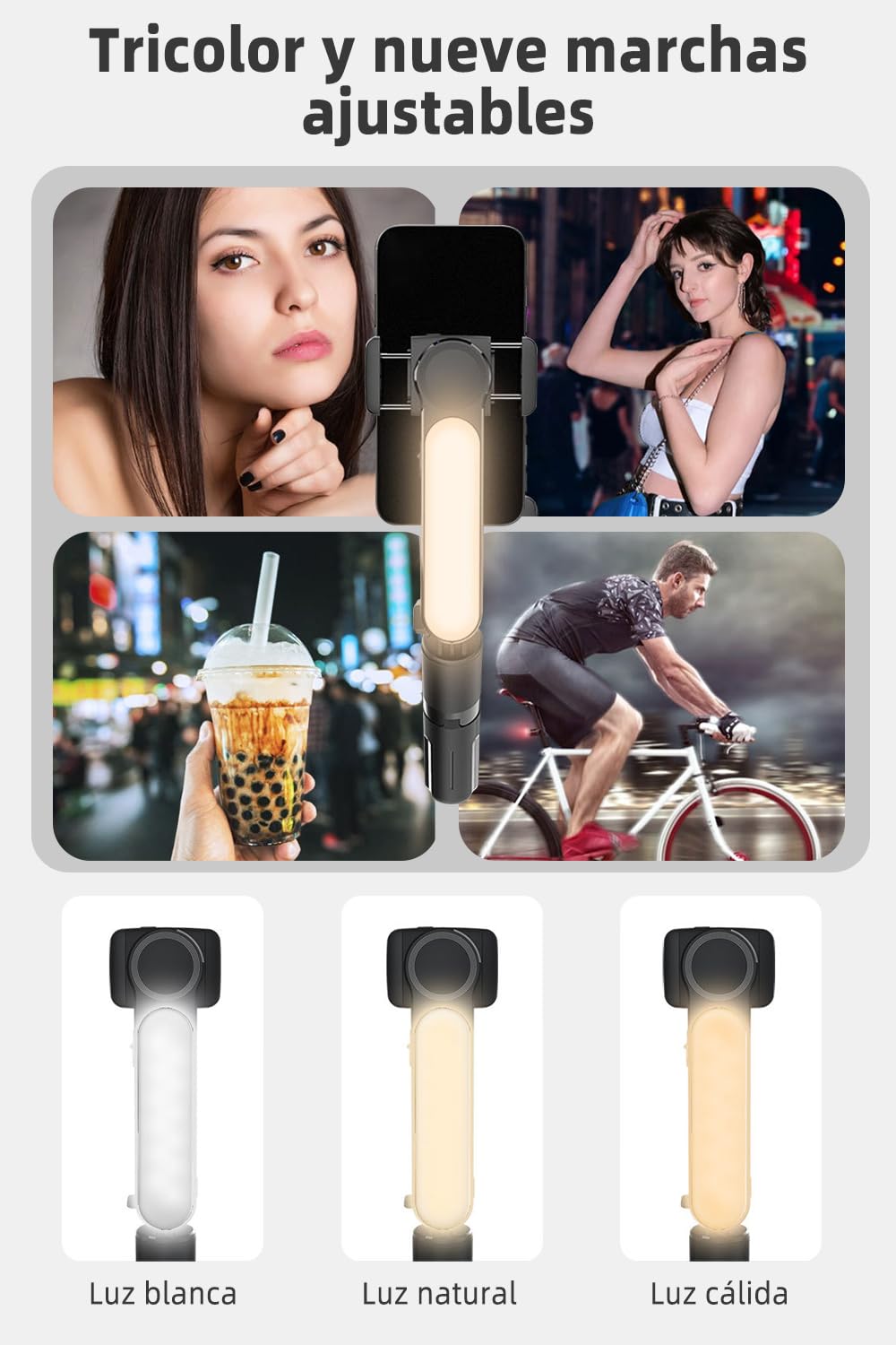 Estabilizador de Movil, Estabilizador de Cardán con Luz de Relleno para Video de Vlog/Youtube/TikTok con Inalámbrico rotación automática de 360°,para Android y iOS