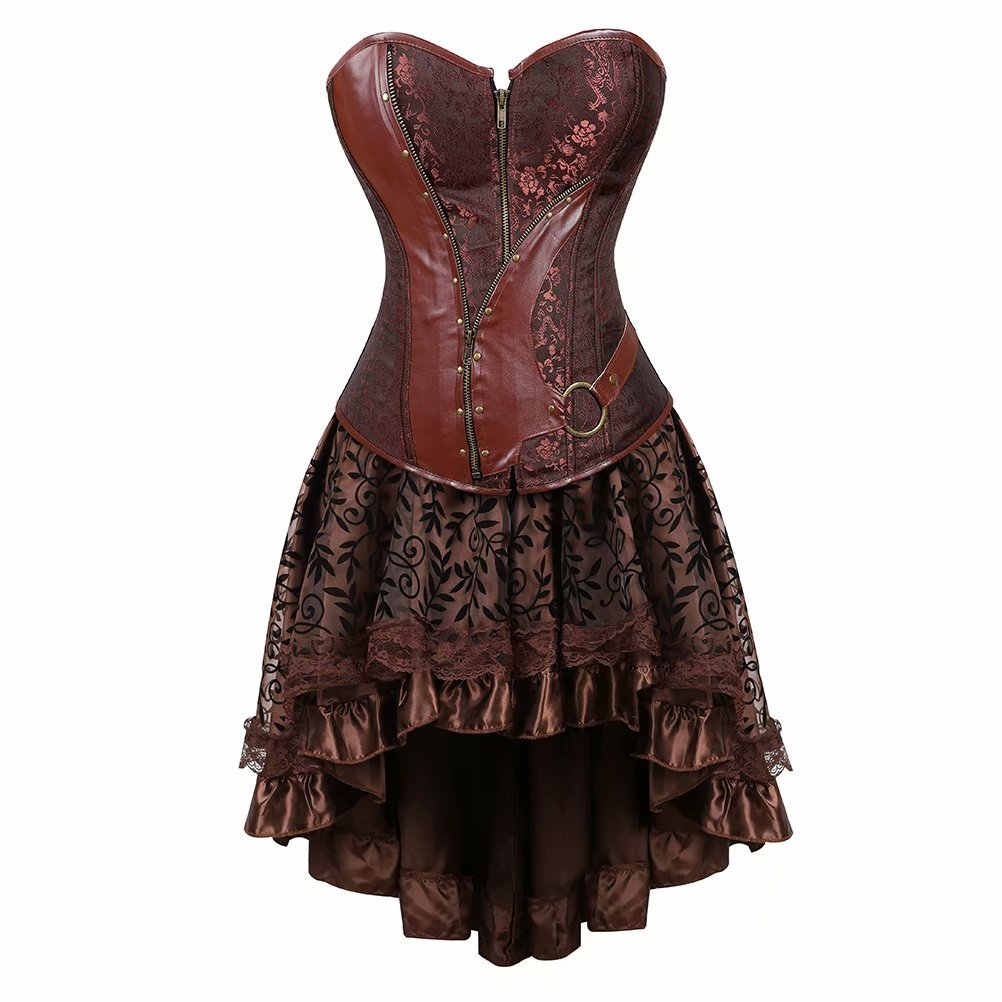 jutrisujo corsetto steampunk da pirata pelle bustino con gonna pizzo barocco set sexy corpetto halloween Marrone XXS