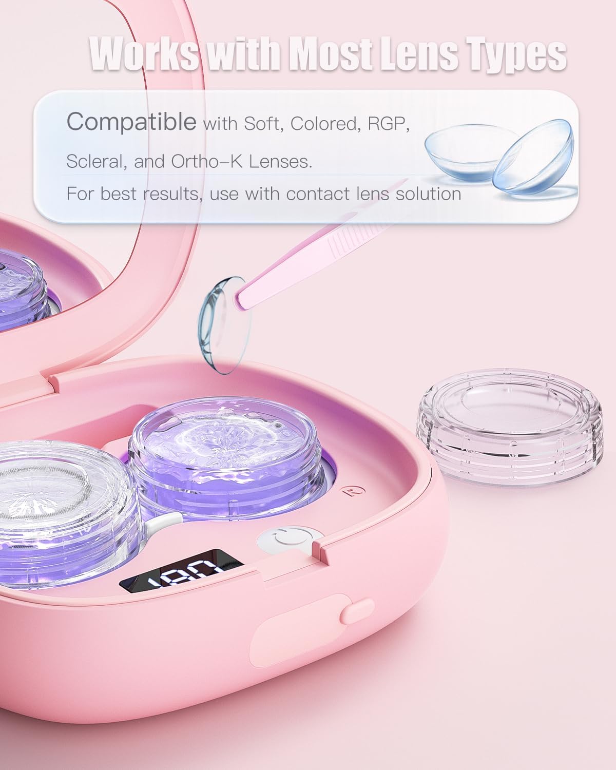 Vastsoon Ultrasonic Contact Lens Cleaner Machine – Portable, Rechargeable Cleaning Kit with 4 Contact Lens Solution Cases, Applicator & Removal Tools – for Travel & Home Use (Pink)