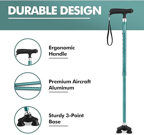 Miniatura 5 de KINGGEAR Bastón de caminar para mujeres y hombres, ligero y resistente, bastón para caminar con pie autónomo, bastón grande de base cuádruple para