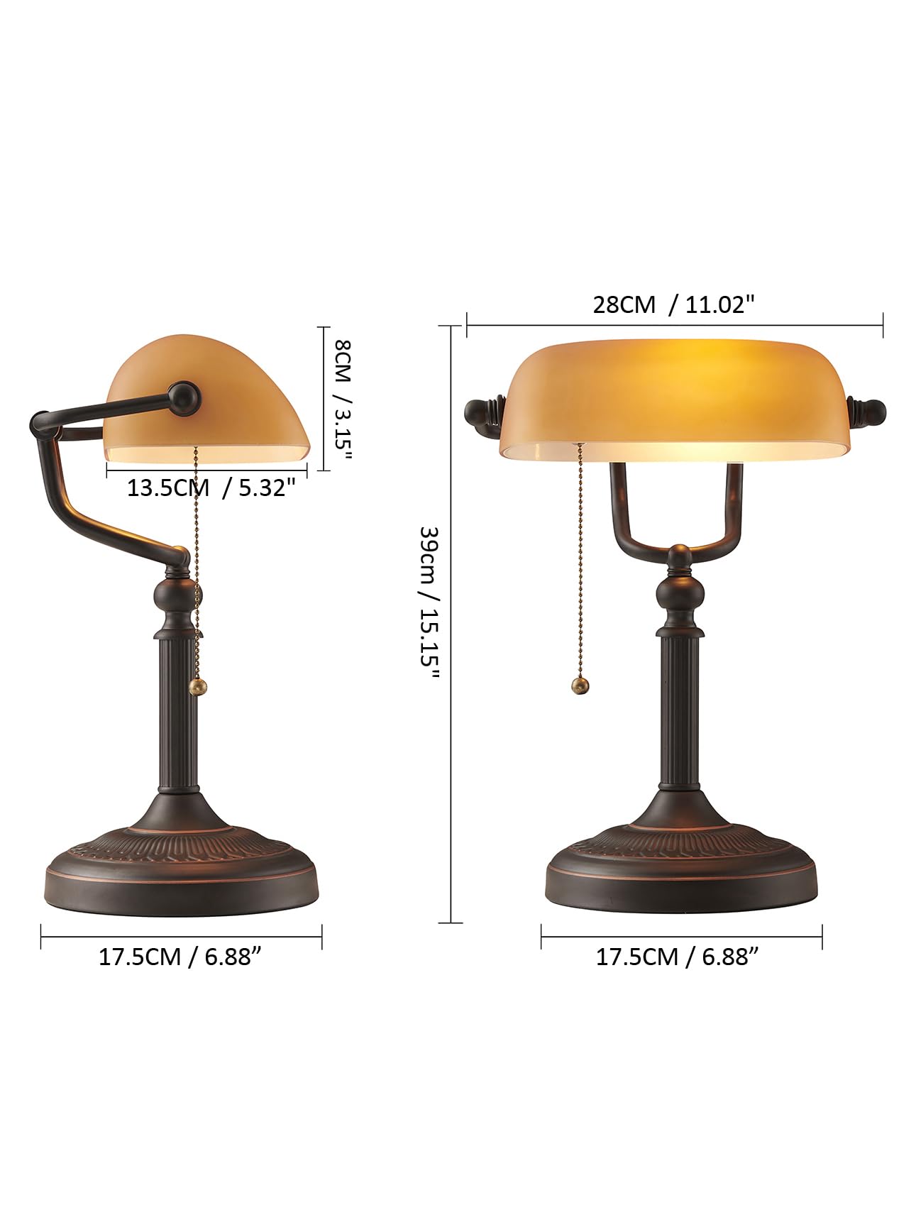 Lampada da scrivania da banchiere in vetro ambrato opaco | interruttore a catena per tirare