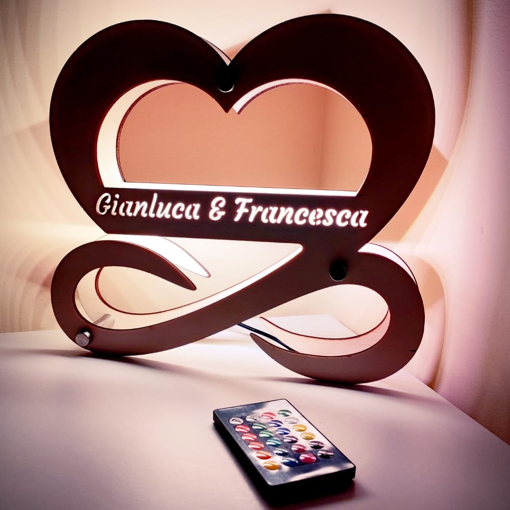 Lampada A Cuore Personalizzata Con Dedica - Luce LED, Base Legno, Regalo Romantico Per Coppie - Made In Italy - Foto 9