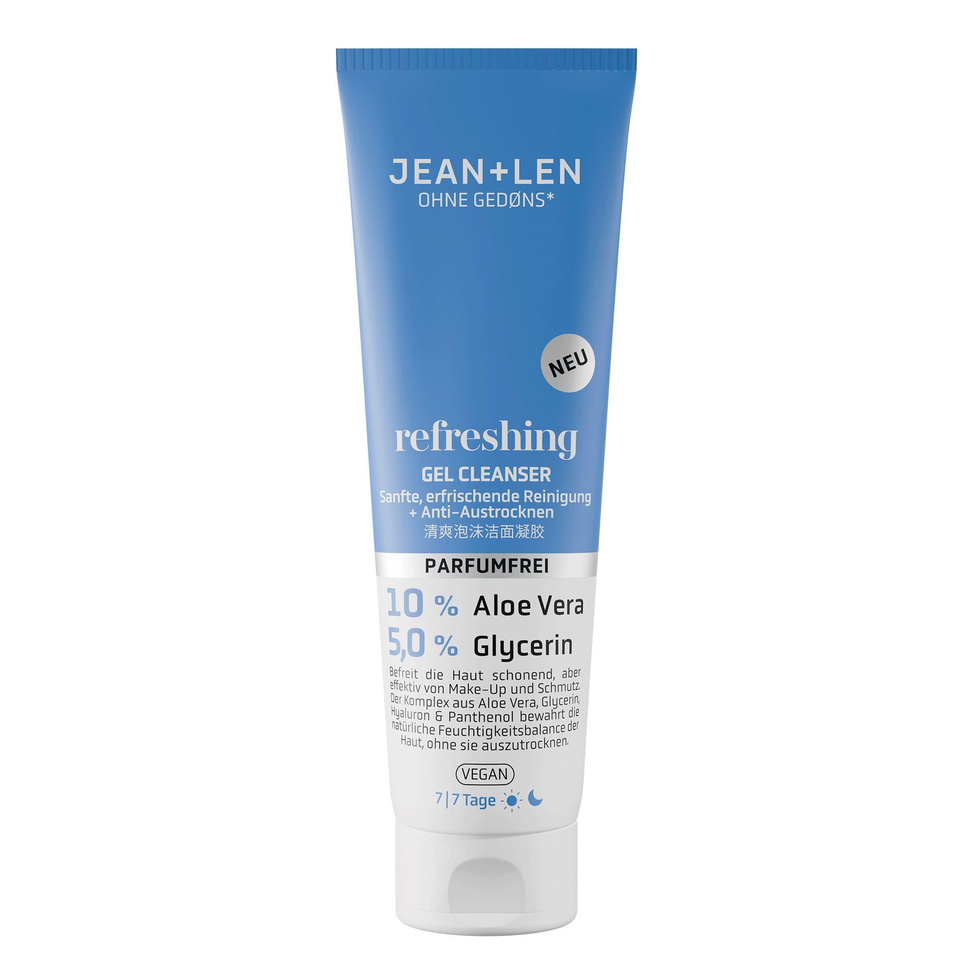 Jean & Len Refreshing Gel Cleanser, ideal für jeden Hauttyp, ölfreie Gel-Textur, schonende Reinigung, bewahrt die Haut vor dem Austrocknen, parfümfreies Reinigungsgel, vegan, 125 ml