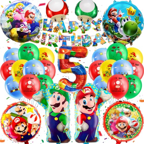 MLA5 32PCS Mario Geburtstag Deko 5 Jahre alt Luftballon Kindergeburtstag Ballon Set Geburtstagsdeko Luftballon Geburtstag Thema Dekoration mit Super Mari Luftballon Banner Kindergeburtstag