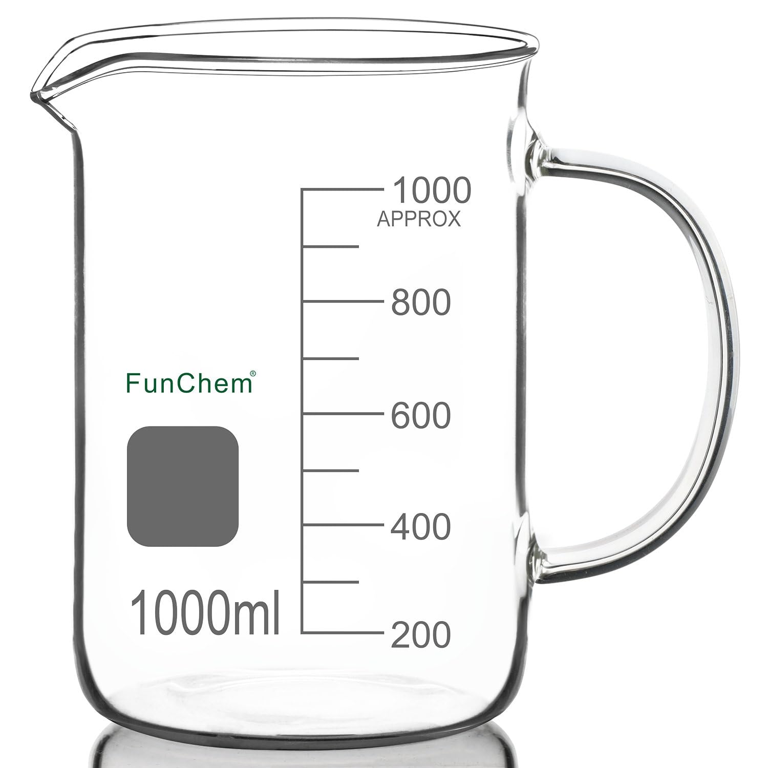 FunChem Bécher avec poignée, verre borosilicate transparent, gradué, forme basse, avec bec verseur, 1000 ml