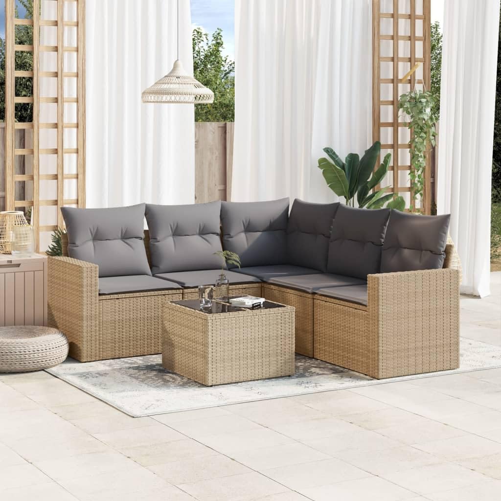 Set Divano da Giardino 6 Pz in Polyrattan Beige con Tavolo Vetro | Salotto componibile per terrazzo e patio con cuscini sfoderabili e vano contenitore sotto le sedute per accessori.