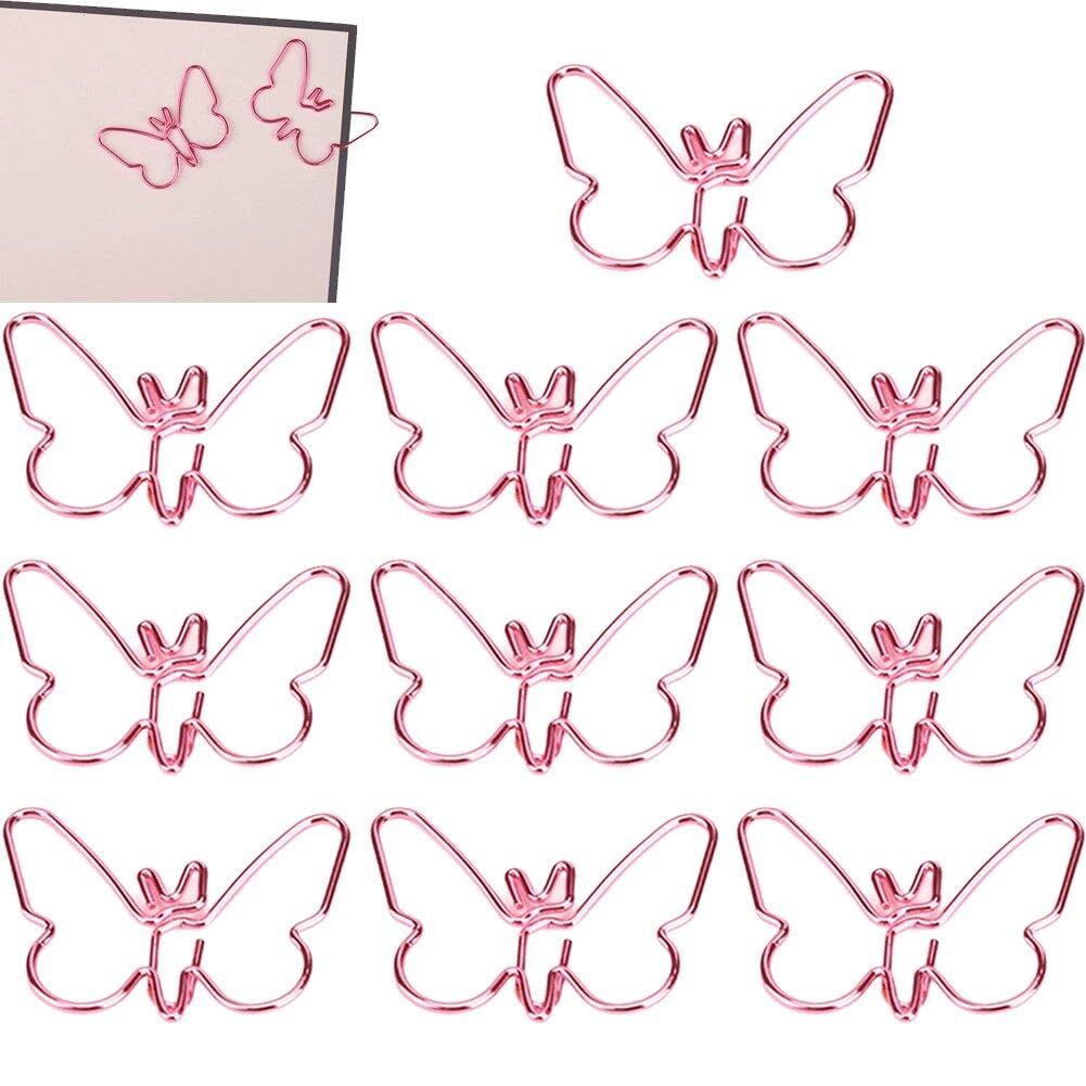 Fopytu 10 Pcs Metal Paper Clip Pink Butterfly Shaped Paperclip Cute Paper Clips Decorative Kawaii Stationery Office Paper Clip