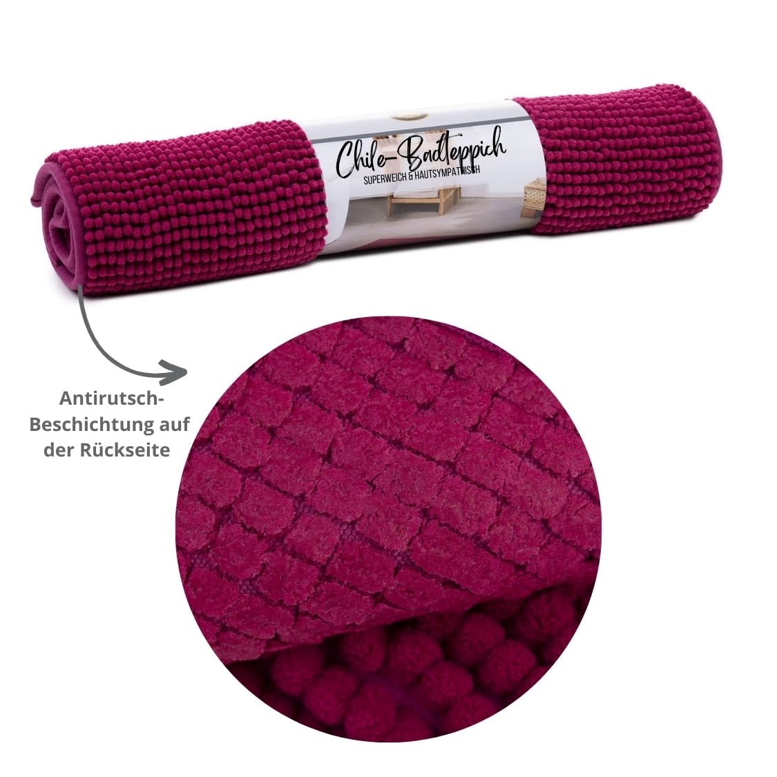 liebling Badematte, Badezimmerteppich rutschfest, Badteppich, Badvorleger, Duschvorleger, Badezimmermatte 70 x 120 cm, WC Deko, waschbar, Cyclam Pink, Serie Chile