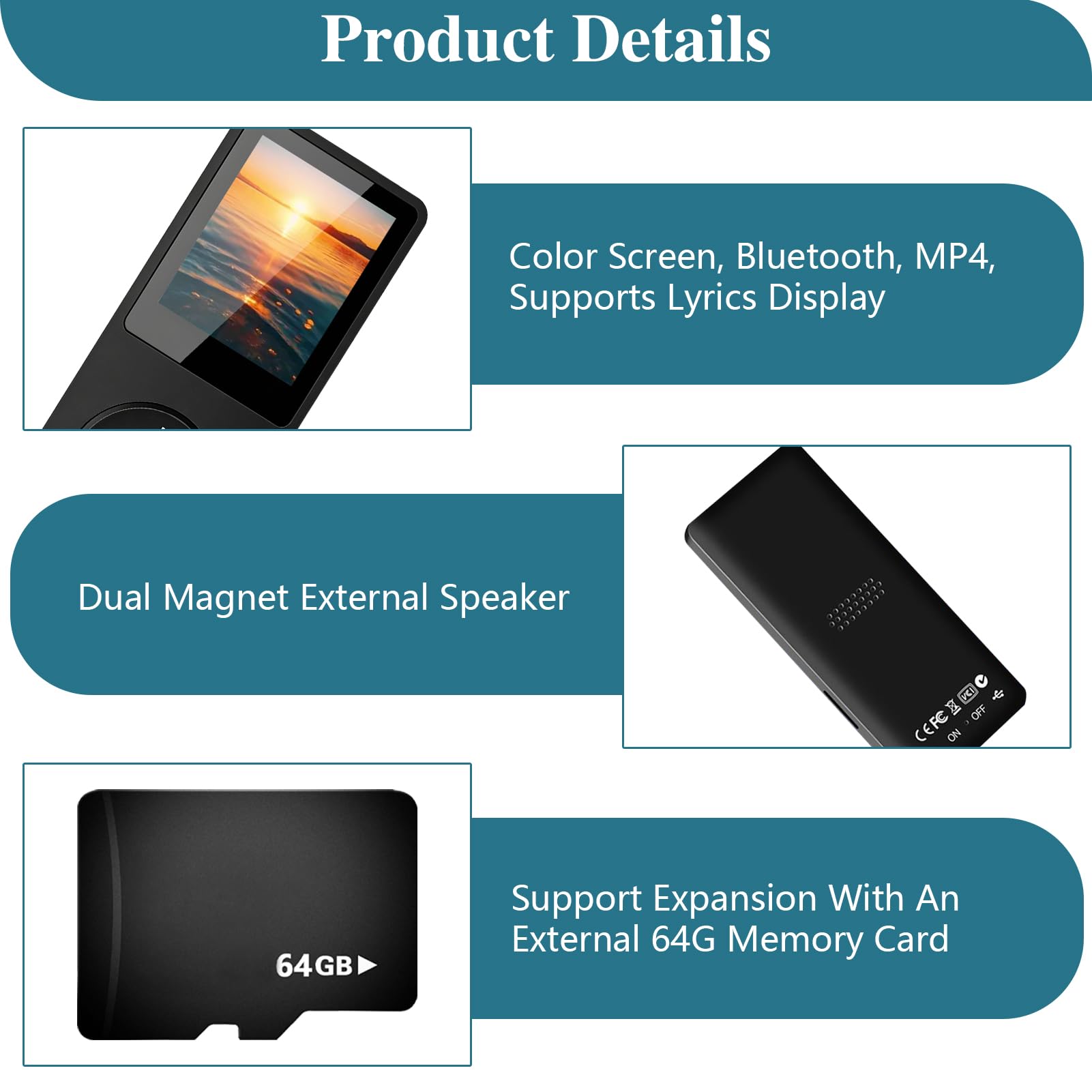 Lecteur MP3 Bluetooth 5.3 64Go avec Haut-Parleur, Radio FM, Écran 1,8", Autonomie 70H, Léger