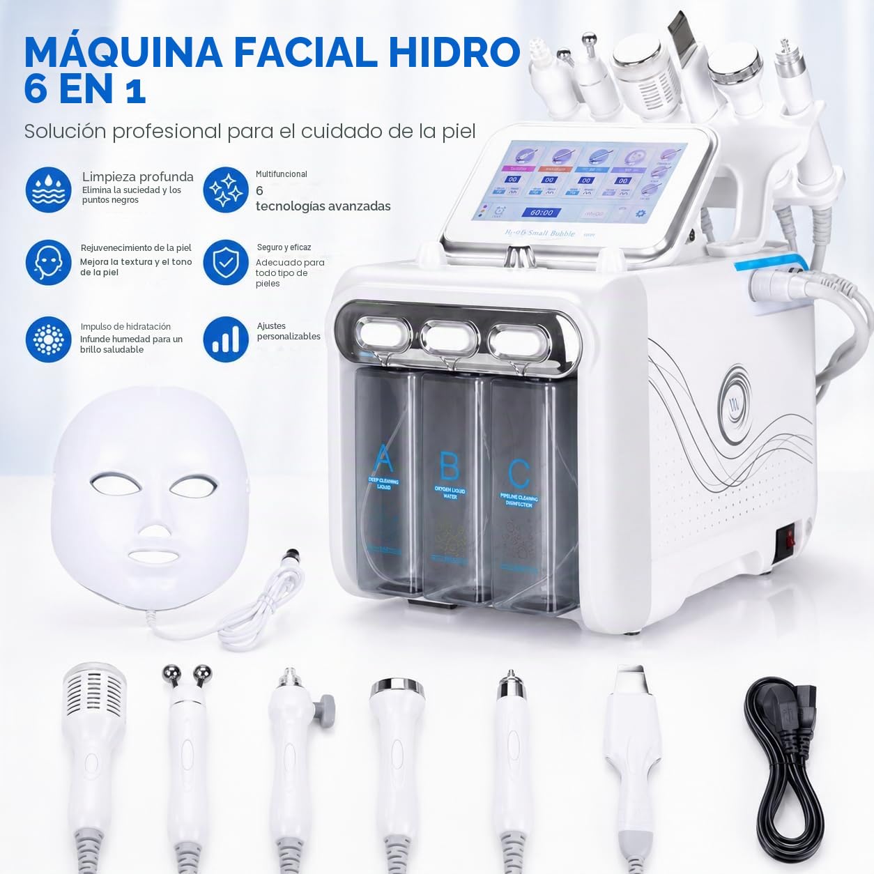 Aparato facial 7 en 1 con oxígeno y agua | Dispositivo hidra-facial profesional con máscara LED, limpieza profunda y dermoabrasión para tratamientos de spa en el hogar