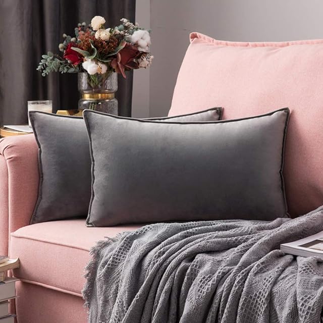 MIULEE Pack of 2 Velvet Soft Decorative Square Throw Pillow Case Flanges Cushion Covers Pillowcases for Livingroom Sofa Bedroom with Invisible Zipper 40cm x 60cm 16x24 Inch Set of 2 Light Grey