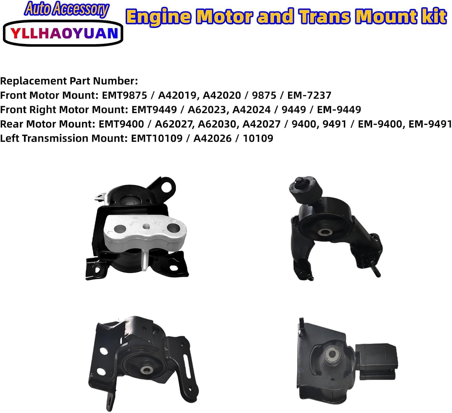 Complete Engine Mount Set of 4 Compatible with 2014-2019 Corolla 1.8L Sedan CVT - Replaces EMT9875 A42019 A62023 A42026