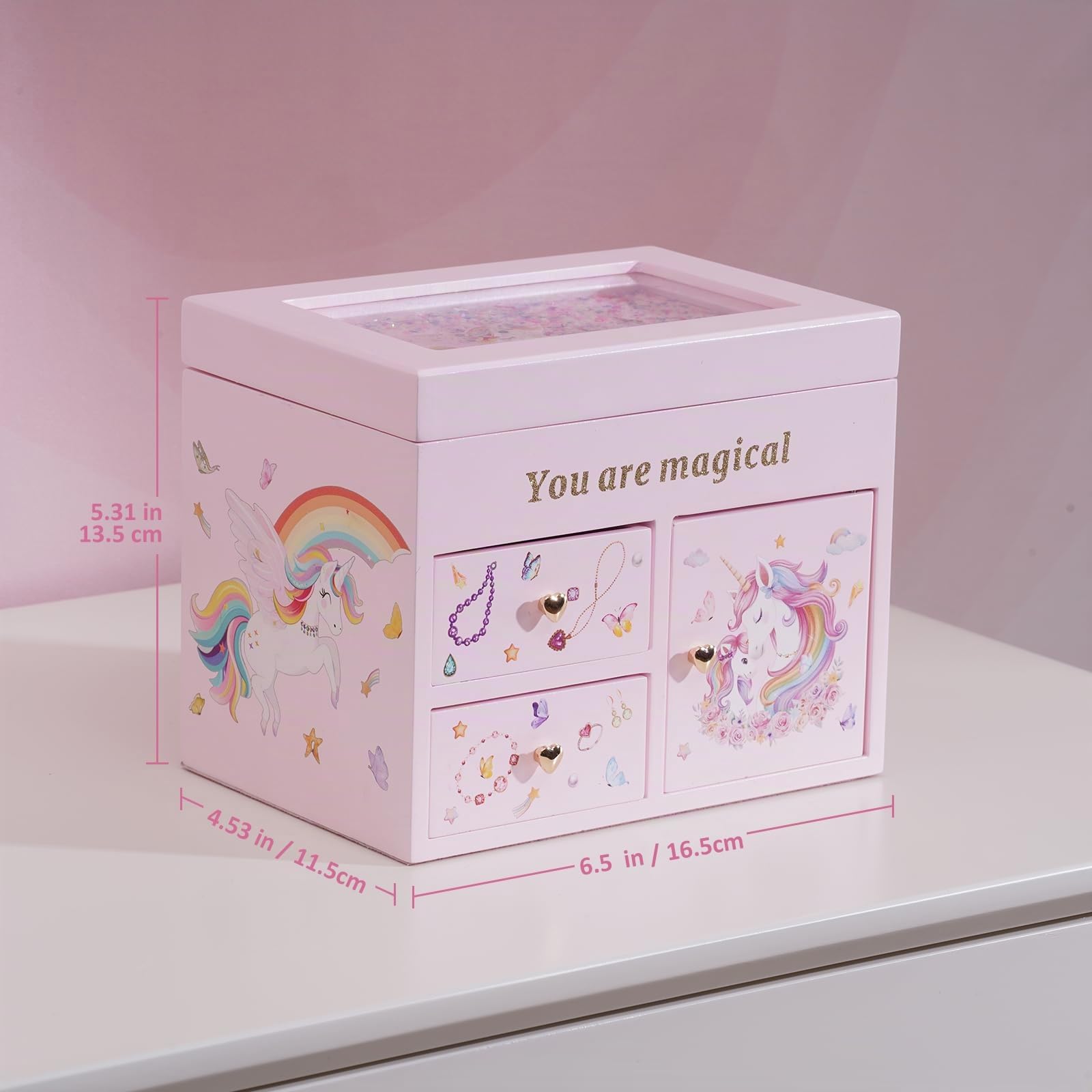 Lolalet Joyero de Madera para Niñas, Organizador de Joyería con Unicornio, Caja para Collar, Pendientes, Pulsera, Reloj, Pintalabios y Anillo - Rosa