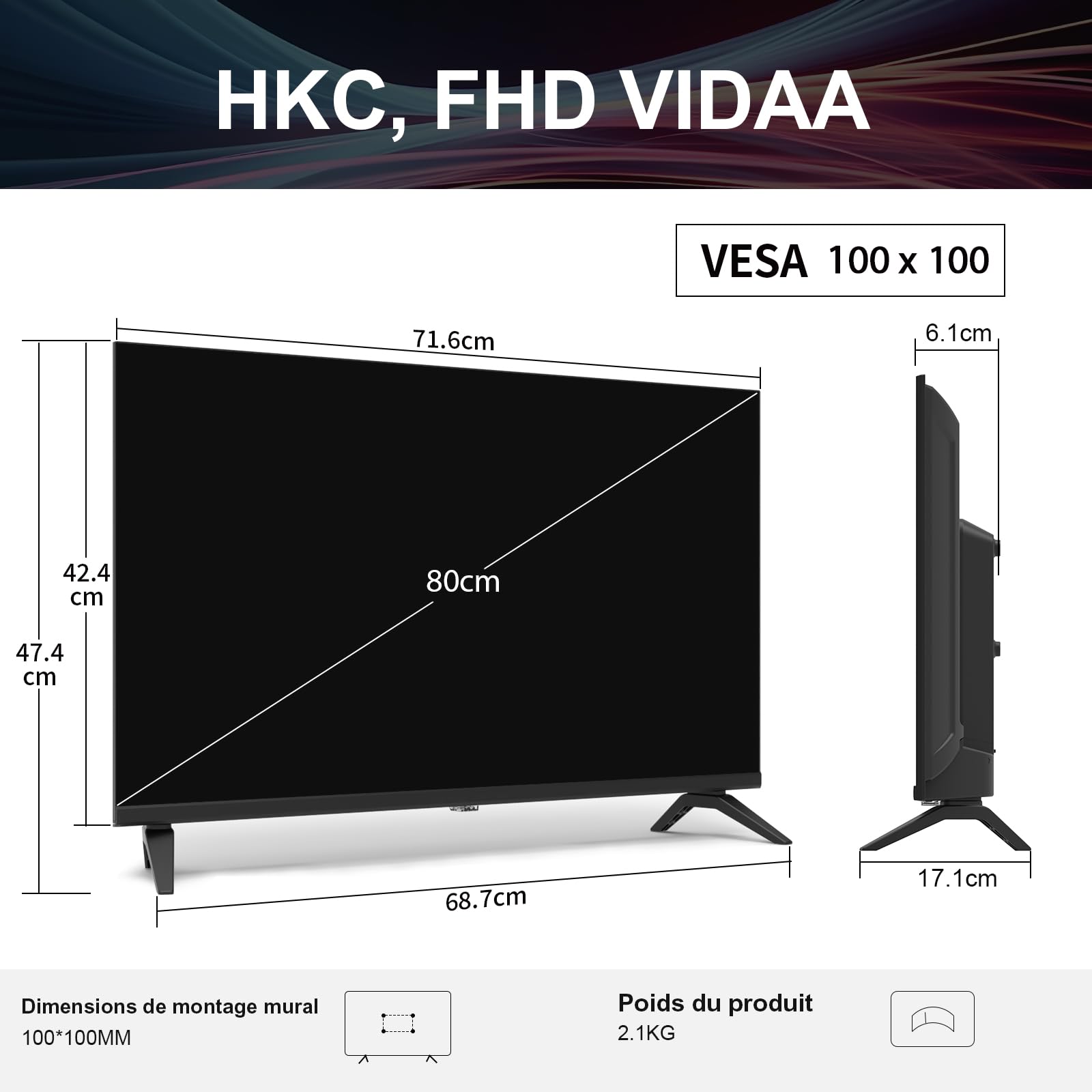 HKC Smart TV 32 Pouces (80 cm) FHD, sans Bord Connectée Télévision avec WiFi, App Store, Triple Tuner(DVB-T/T2, DVB-C, DVB-S/S2), AirPlay (H32N1F-V, 2026)