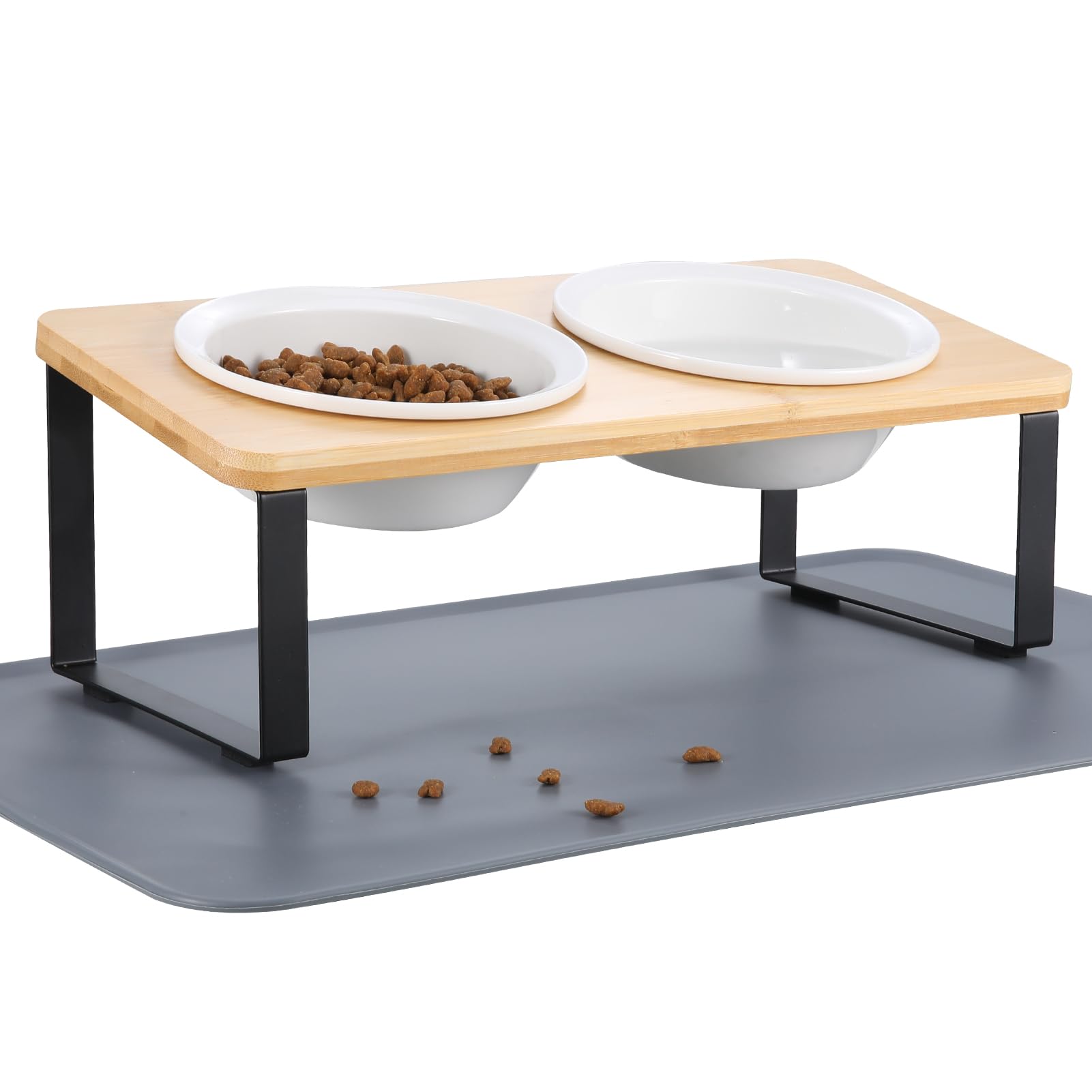 Elevated Whisker Friendly Cat Bowls, 15 Tilted Stand Anti Vomiting Raised Dishes for Food and Water, Ceramic Bowls for Cats and Puppy,Bamboo