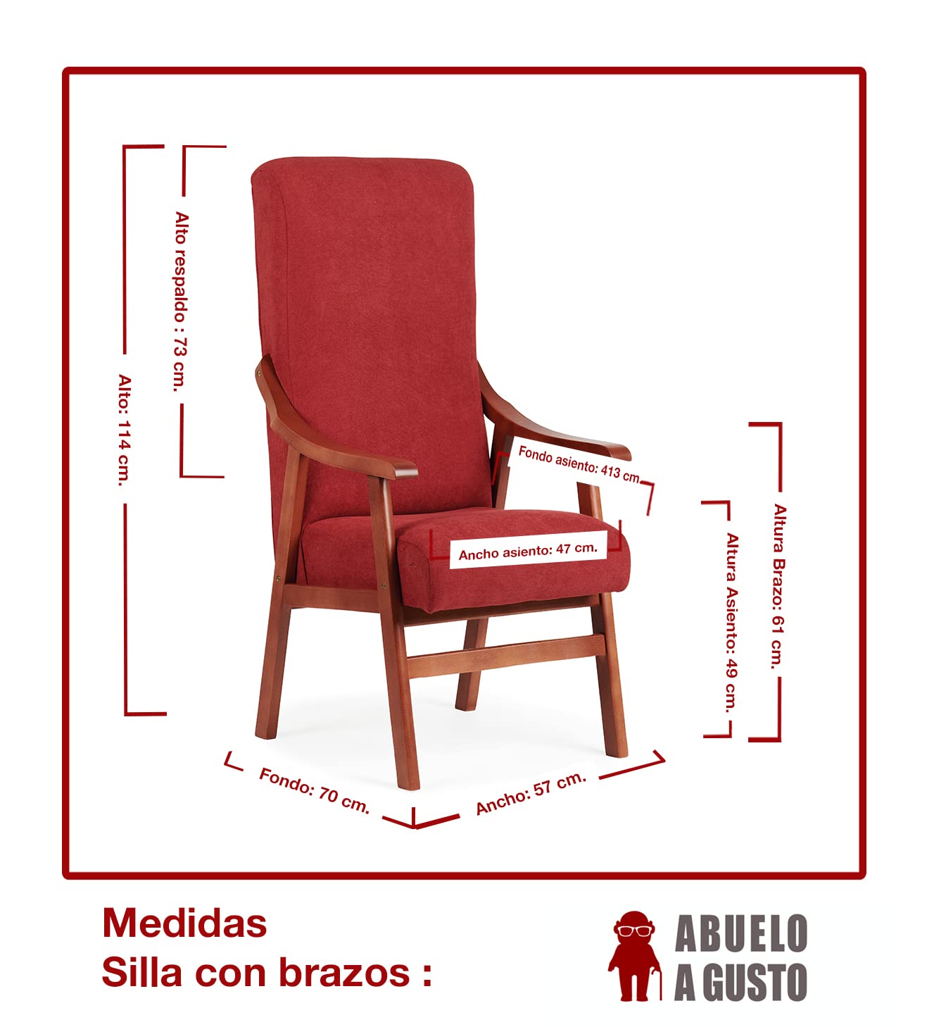 Silla Brazos de Madera, Respaldo Recto, Ideal para Personas Mayores, Movilidad Reducida o Dolor Espalda. Usada en residencia y geriátricos. Tamaño: 57x70x114 cm. (Cerezo, Gris)