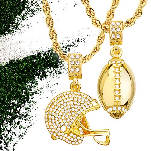 metaltree98 Mens 14kt Gold Plated Football & Football Helmet Pendant 4 mm, 20" & 24" Double Rope Chain Set MHC 20 G4