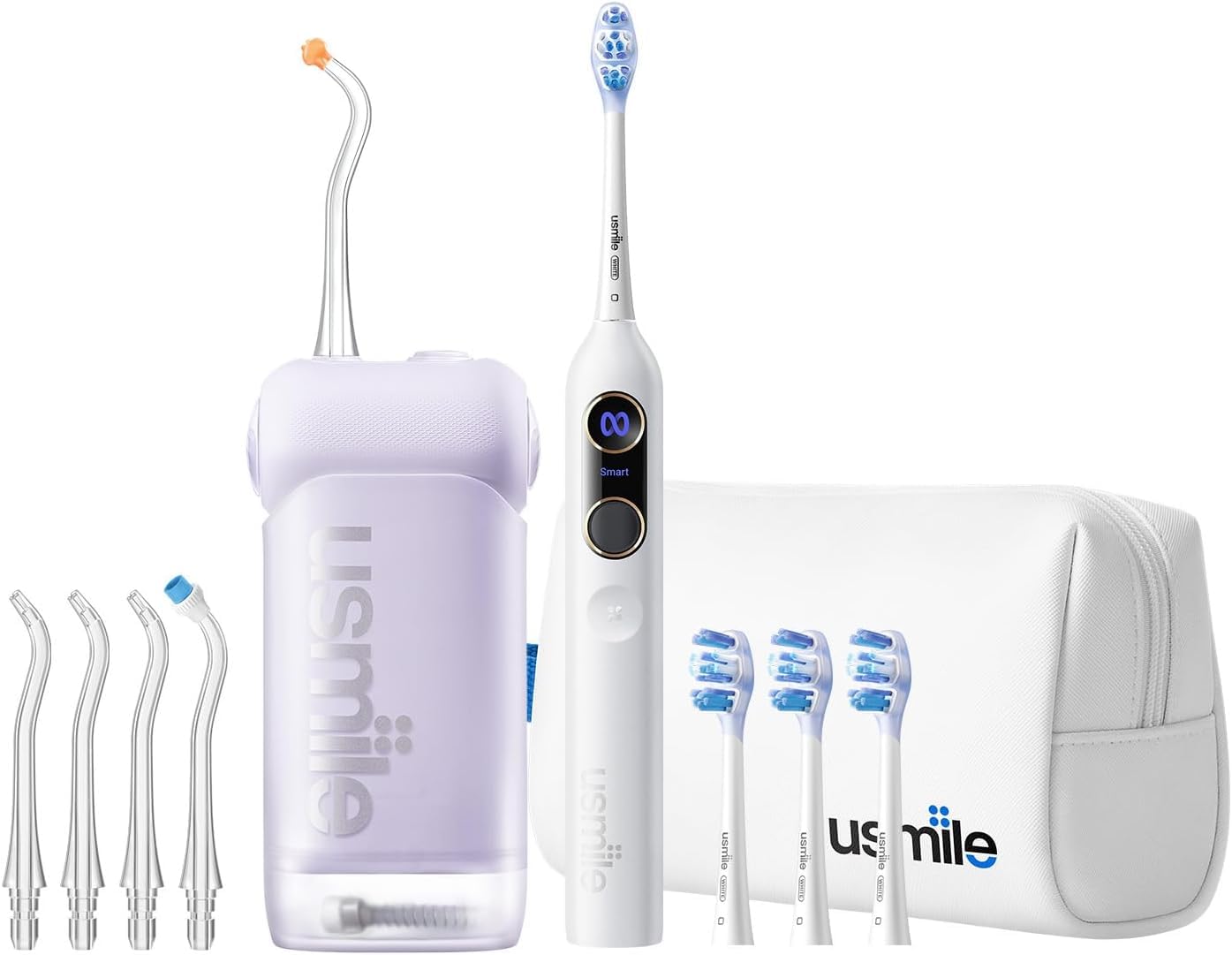 【Paquete 5 en 1】 Irrigador Bucal Portátil usmile C10, Cepillo de Dientes Eléctrico Inteligente con IA Y20 PRO (Blanco), Boquillas Tipo S, Cabezales de Repuesto y Estuche de Viaje – Set Completo de Cui