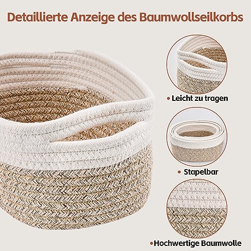 Aufbewahrungskorb Baumwollseil gewebt, 5er Set aus Körbe Aufbewahrung für Organisation, Aufbewahrungskörbe Wickeltisch Organizer mit Griffen für Badezimmer, Kinderzimmer, Wohnzimmer(Weiß-Braun) – Bild 4